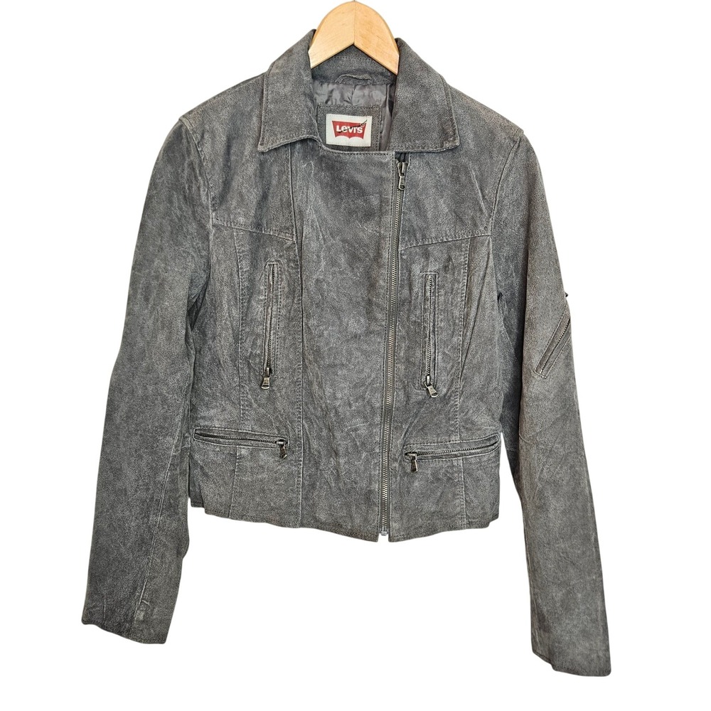 Levis Womens Gray Genuine Suede Leather Moto Biker Jacket Asymmetric Zip Medium?